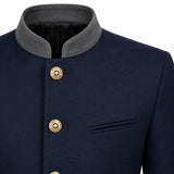 Close-up of a navy blue jacket with a gray mandarin collar and gold-tone buttons, shown on a white background.