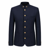A dark navy blue men's jacket with a mandarin collar and gold buttons, displayed on a clean white background.