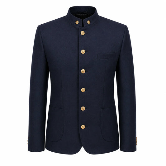 A dark navy blue men's jacket with a mandarin collar and gold buttons, displayed on a clean white background.