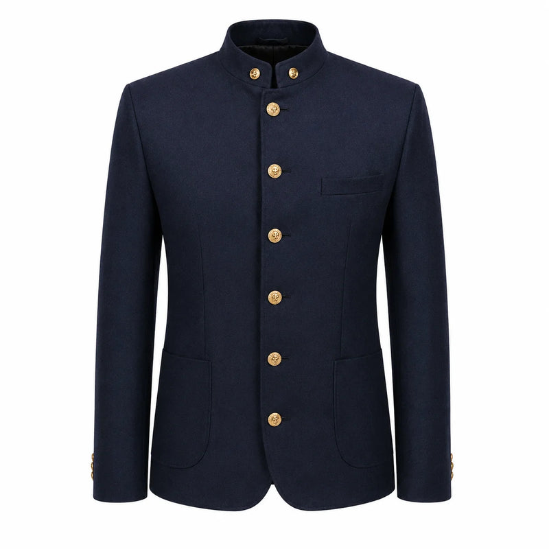A dark navy blue men's jacket with a mandarin collar and gold buttons, displayed on a clean white background.