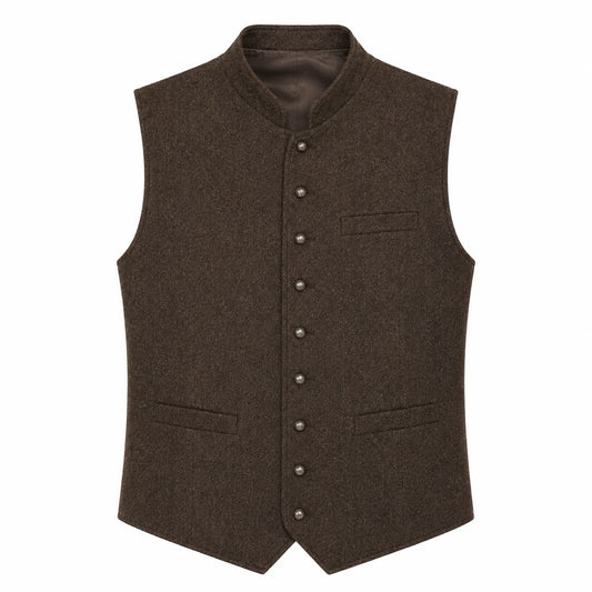A dark brown wool vest with a mandarin collar, button front closure, and flap pockets, shown against a plain white background.