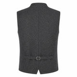 A dark gray textured waistcoat vest with a matching waist belt and silver buckle, shown from the back on a white background.