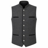A dark gray textured waistcoat vest with a mandarin collar, silver-tone decorative buttons down the front, and black trim details on the pockets and collar, shown against a plain white background.