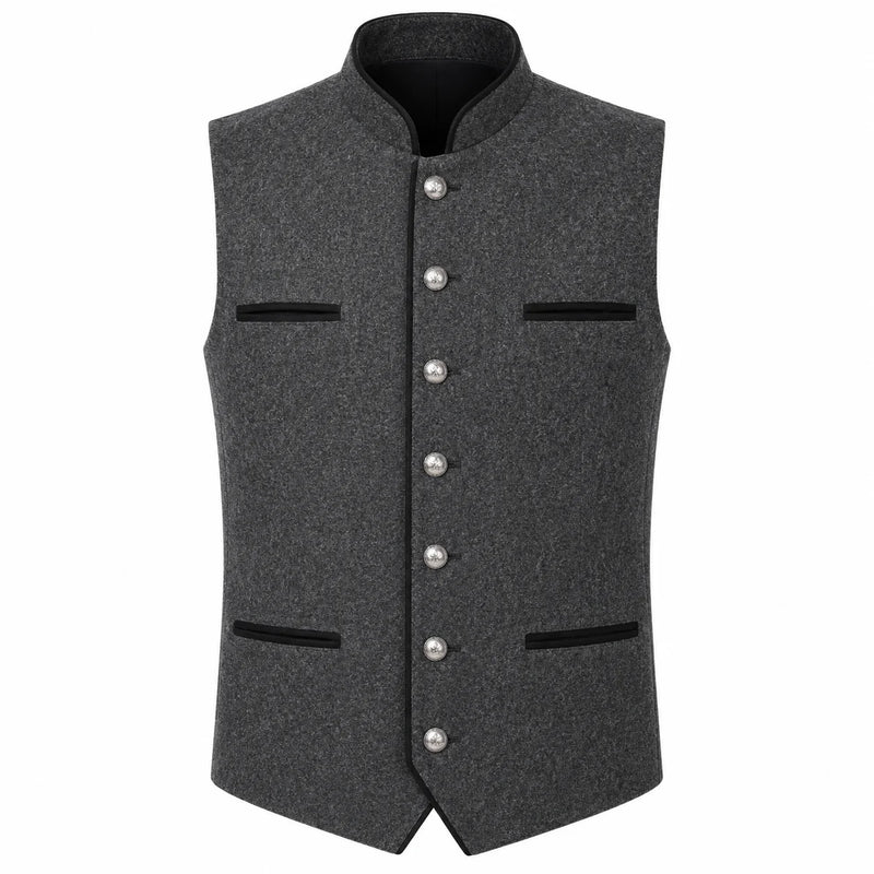 A dark gray textured waistcoat vest with a mandarin collar, silver-tone decorative buttons down the front, and black trim details on the pockets and collar, shown against a plain white background.