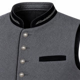Close-up of a gray textured waistcoat or vest with black trim, decorative silver-tone buttons, and a black pocket on a white background.