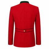 A bright red men's blazer shown from the back, featuring a structured collar, a matching red waist belt with a gold button, and black piping details.