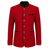 A red men's jacket with a mandarin collar, silver-tone buttons, and black trim details, shown on a plain white background.