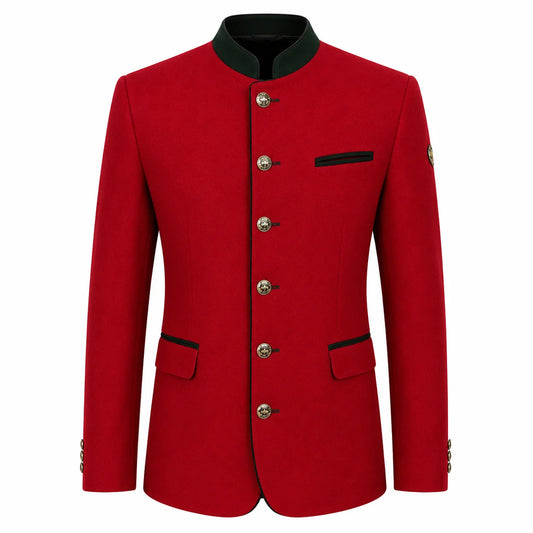 A red men's jacket with a mandarin collar, silver-tone buttons, and black trim details, shown on a plain white background.