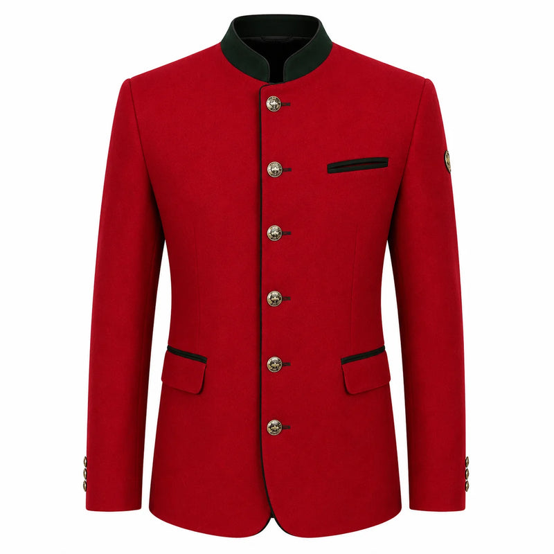 A red men's jacket with a mandarin collar, silver-tone buttons, and black trim details, shown on a plain white background.