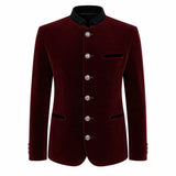 A men's traditional-style jacket in deep burgundy velvet with a black mandarin collar, black pocket flaps, and silver-tone decorative buttons, shown on a plain white background.