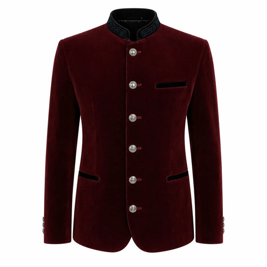 A men's traditional-style jacket in deep burgundy velvet with a black mandarin collar, black pocket flaps, and silver-tone decorative buttons, shown on a plain white background.