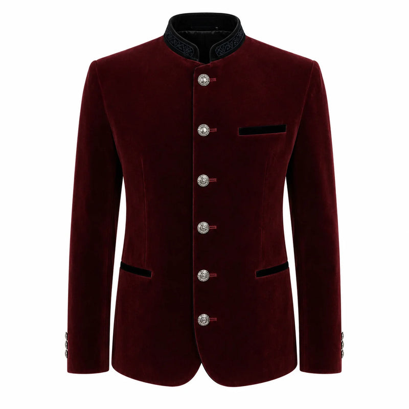 A men's traditional-style jacket in deep burgundy velvet with a black mandarin collar, black pocket flaps, and silver-tone decorative buttons, shown on a plain white background.
