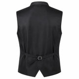Black waistcoat vest with a matching tie belt and silver buckle, shown from the back on a white background.
