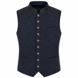 A dark navy blue wool vest with a high collar, decorative brown buttons down the front, and black trim details on the collar and pocket edges, shown against a plain white background.