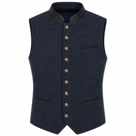 A dark navy blue wool vest with a high collar, decorative brown buttons down the front, and black trim details on the collar and pocket edges, shown against a plain white background.