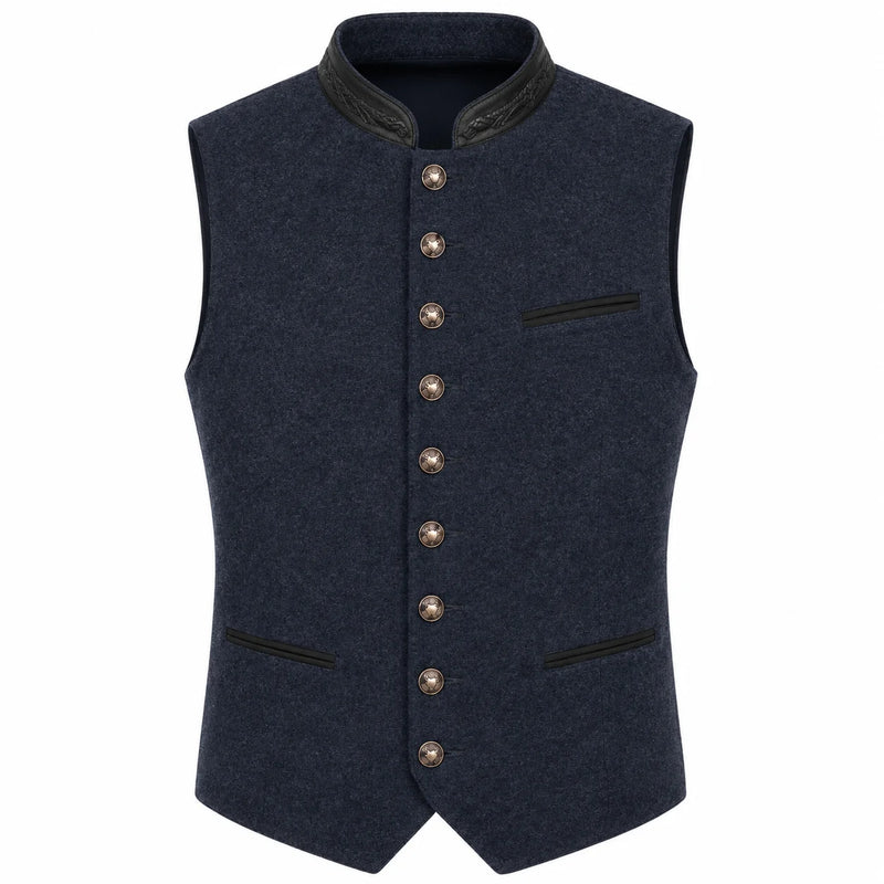 A dark navy blue wool vest with a high collar, decorative brown buttons down the front, and black trim details on the collar and pocket edges, shown against a plain white background.