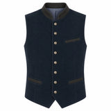 A dark navy blue waistcoat vest with a high dark gray collar, front button closure, and welt pockets, shown against a plain white background.