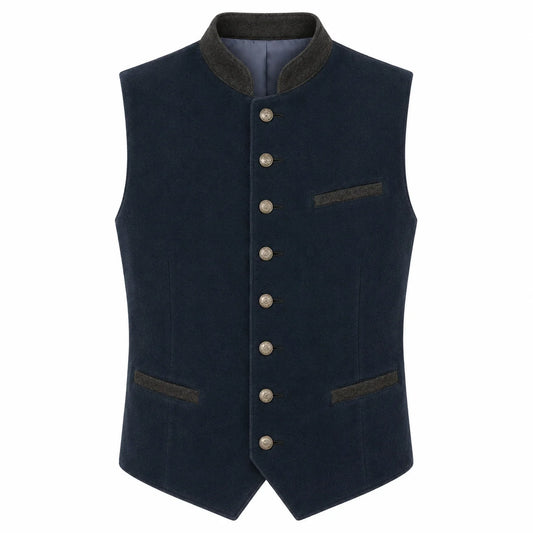 A dark navy blue waistcoat vest with a high dark gray collar, front button closure, and welt pockets, shown against a plain white background.