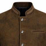 Close-up of a brown suede jacket with a mandarin collar, decorative embroidered trim, and silver-tone snap buttons.