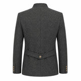A dark gray textured wool blazer shown from the back, featuring a structured collar, a single central back button, and buttoned cuffs, set against a plain white background.