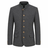 A dark gray textured wool jacket with a mandarin collar and five gold-colored buttons, shown on a plain white background.