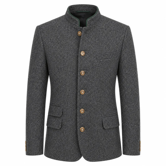 A dark gray textured wool jacket with a mandarin collar and five gold-colored buttons, shown on a plain white background.