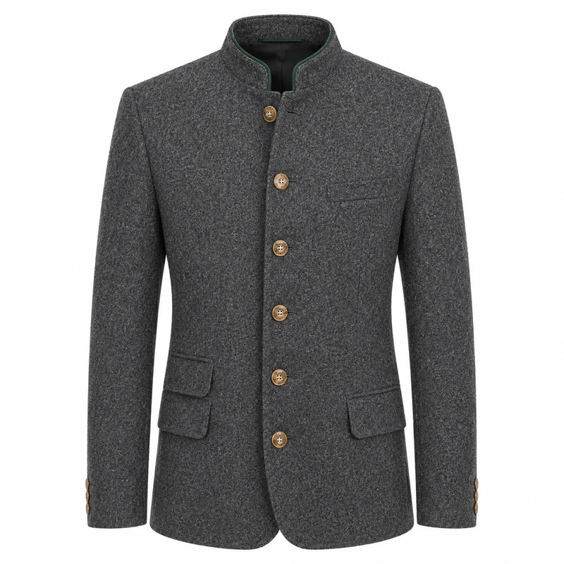 A dark gray textured wool jacket with a mandarin collar and five gold-colored buttons, shown on a plain white background.