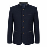 A men's dark navy blue jacket with a mandarin collar, brown buttons, and gray trim details on the collar, pocket, and pocket flaps, shown against a plain white background.