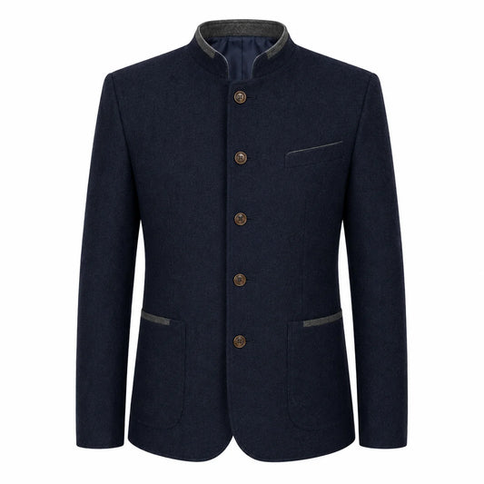 A men's dark navy blue jacket with a mandarin collar, brown buttons, and gray trim details on the collar, pocket, and pocket flaps, shown against a plain white background.