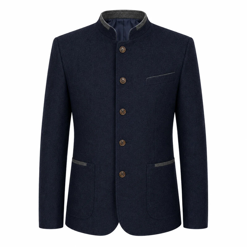 A men's dark navy blue jacket with a mandarin collar, brown buttons, and gray trim details on the collar, pocket, and pocket flaps, shown against a plain white background.