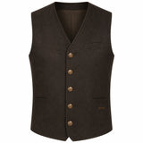 A dark brown vest with a V-neck, five front buttons, and two front pockets, shown against a plain white background.