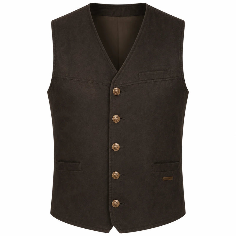 A dark brown vest with a V-neck, five front buttons, and two front pockets, shown against a plain white background.