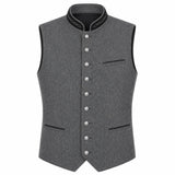A gray wool-blend waistcoat vest with a mandarin collar, decorative black trim, and silver-tone buttons, shown on a plain white background.