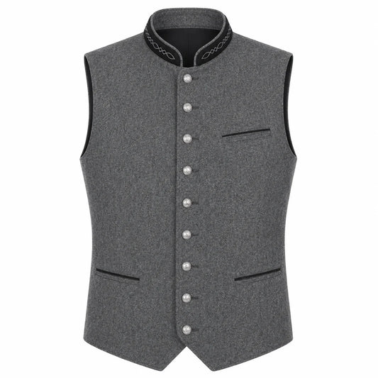 A gray wool-blend waistcoat vest with a mandarin collar, decorative black trim, and silver-tone buttons, shown on a plain white background.
