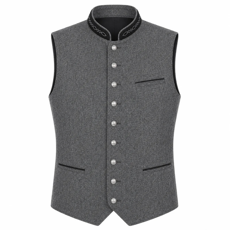 A gray wool-blend waistcoat vest with a mandarin collar, decorative black trim, and silver-tone buttons, shown on a plain white background.