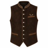 A dark brown suede-like waistcoat vest with decorative gold-toned buttons, embroidered trim on the collar and pocket, and a small deer antler motif on the chest, shown against a plain white background.