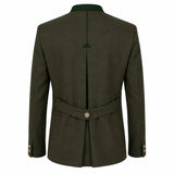 The back view of an olive green wool blazer with a matching waist belt and a single decorative button, shown on a plain white background.