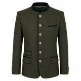 An olive green men's jacket with a mandarin collar, decorative silver-tone buttons, and flap pockets, shown on a plain white background.