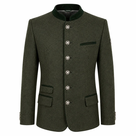 An olive green men's jacket with a mandarin collar, decorative silver-tone buttons, and flap pockets, shown on a plain white background.