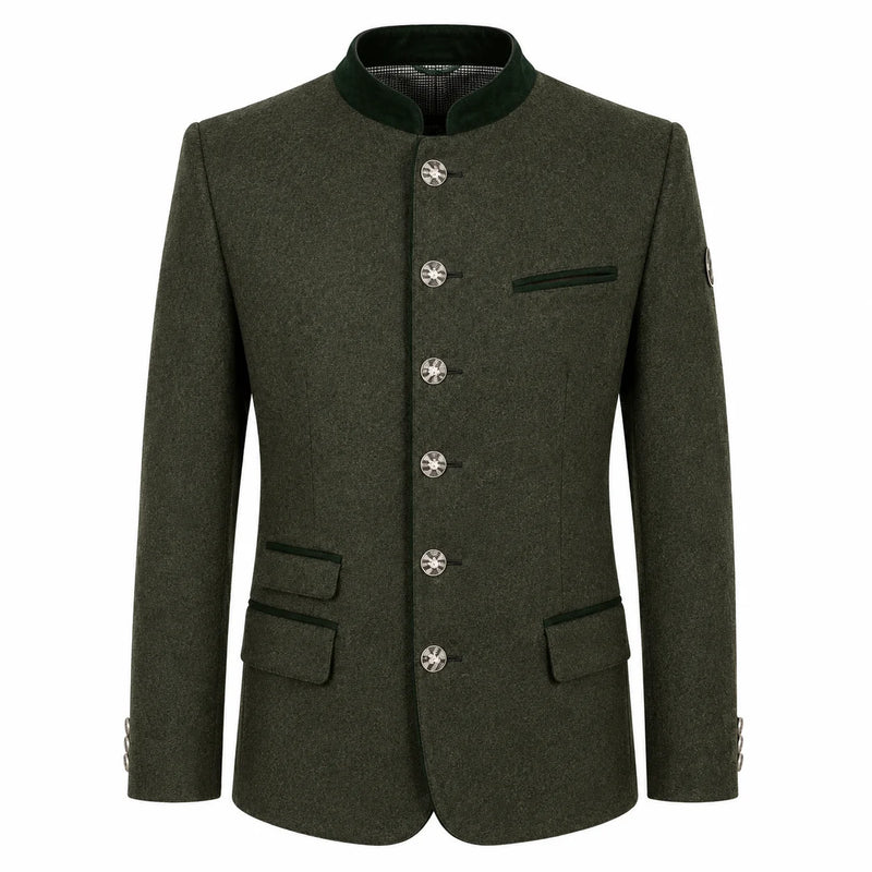 An olive green men's jacket with a mandarin collar, decorative silver-tone buttons, and flap pockets, shown on a plain white background.