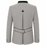 A light gray textured blazer shown from the back, featuring a dark green velvet collar, a central vertical seam with a small green triangle emblem, a matching waist belt with a gold button, and gold button details on the cuffs.