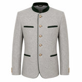 A light gray textured jacket with a dark green mandarin collar, green trim details, and gold-tone buttons, shown on a plain white background.
