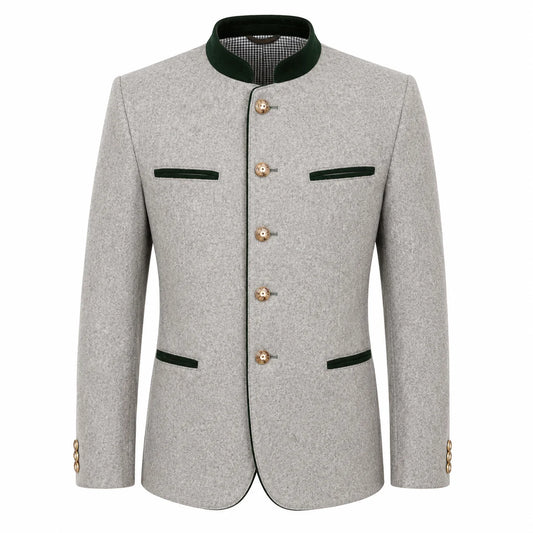 A light gray textured jacket with a dark green mandarin collar, green trim details, and gold-tone buttons, shown on a plain white background.