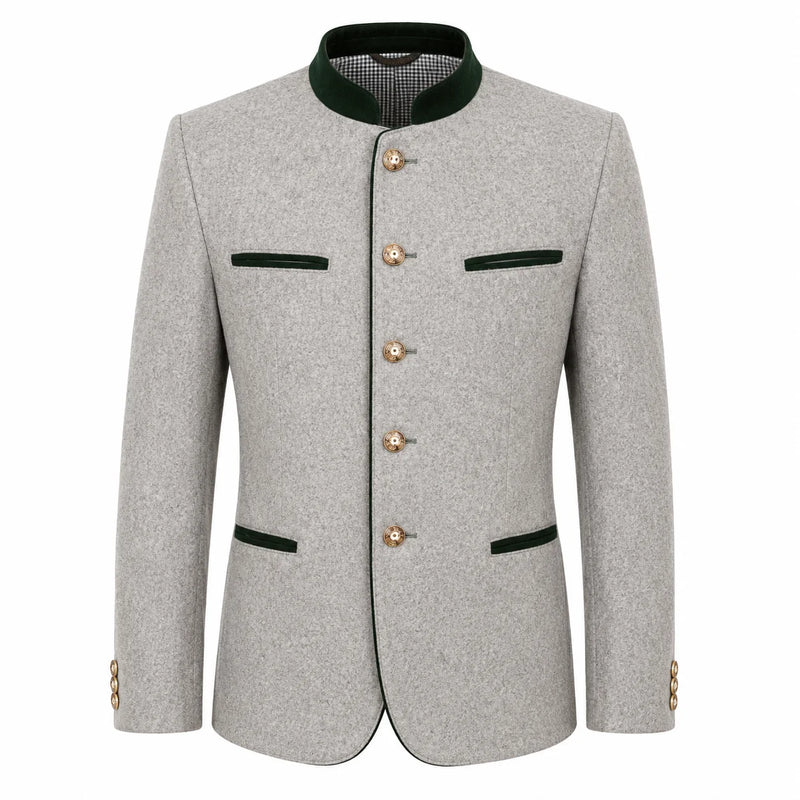 A light gray textured jacket with a dark green mandarin collar, green trim details, and gold-tone buttons, shown on a plain white background.