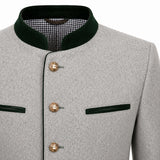 Close-up of a light gray textured jacket with a dark green velvet collar, green welt pockets, and gold-tone buttons, shown on a white background.