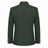 The back view of a dark forest green wool-blend blazer with a collar and three gold buttons on each sleeve cuff, shown against a plain white background.