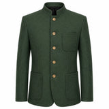 A dark green wool-blend jacket with a mandarin collar, four gold-tone buttons, a chest pocket, and two large front patch pockets, shown on a plain white background.