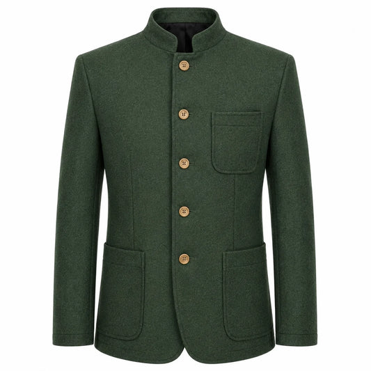 A dark green wool-blend jacket with a mandarin collar, four gold-tone buttons, a chest pocket, and two large front patch pockets, shown on a plain white background.