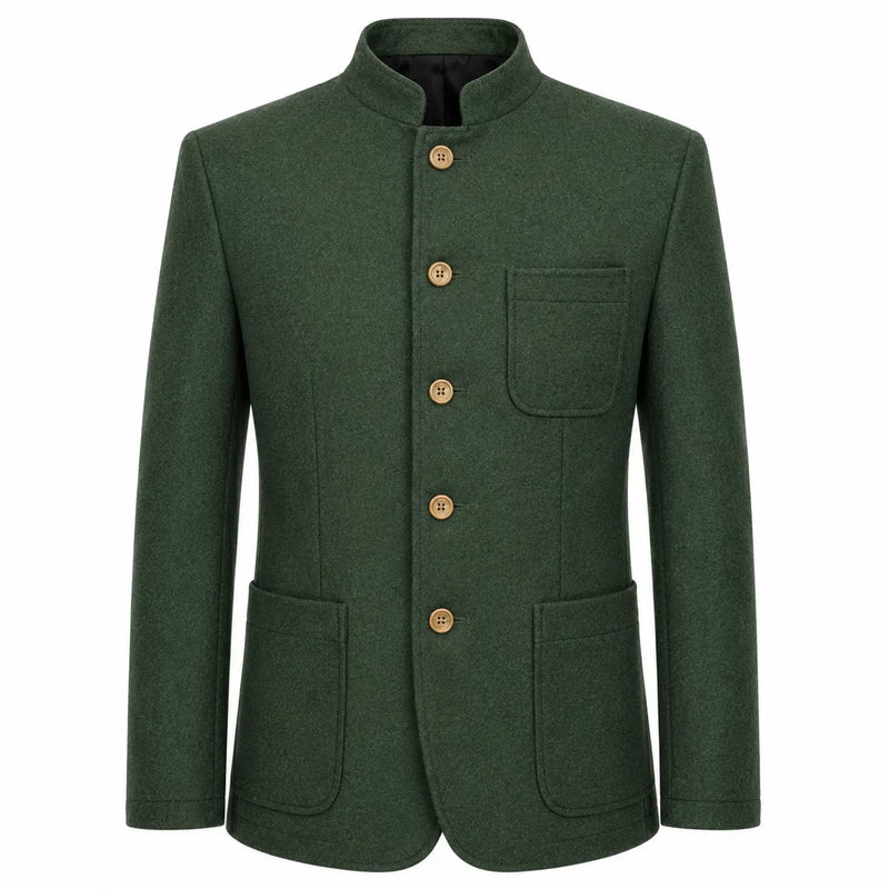 A dark green wool-blend jacket with a mandarin collar, four gold-tone buttons, a chest pocket, and two large front patch pockets, shown on a plain white background.