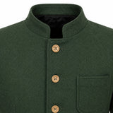Close-up of a dark green wool-blend jacket with a mandarin collar, three light brown buttons, and a chest pocket on a white background.